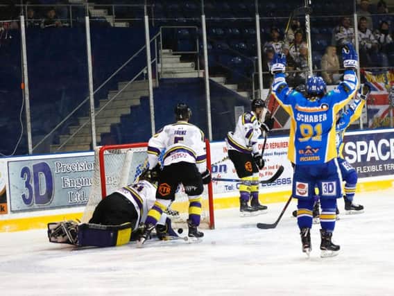 Chase Schaber celebrates after firing Fife Flyers into an early lead. Pic: Steve Gunn