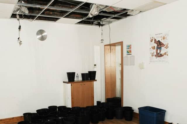The damage caused to the ceiling in the personal training studio. Pic: George McLuskie.