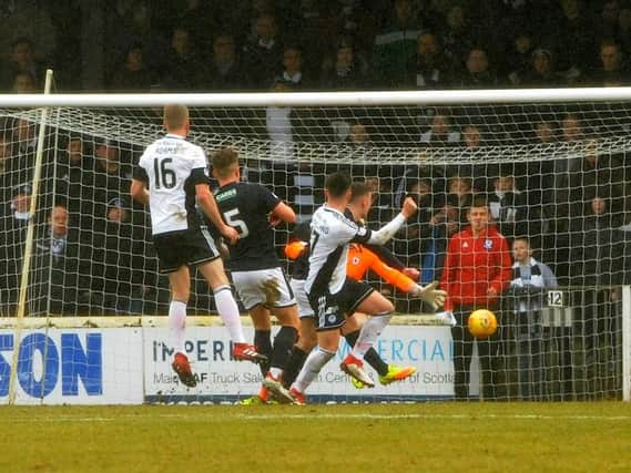 Lawrence Shankland heads Ayr into the lead. Pic: Fife Photo Agency