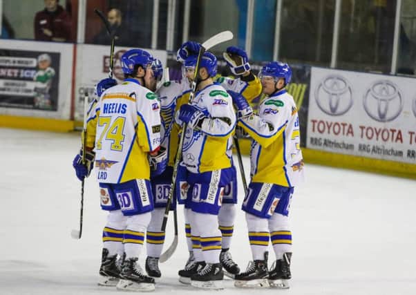 Fife Flyers players celebrate after Jim Jorgensen put them 2-0 up away to Manchester Storm on Saturday.