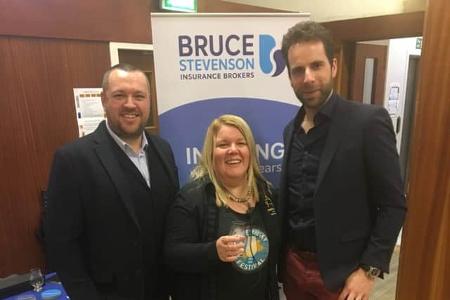 Cycling Legend Mark Beaumont (far right) with Graeme Dempster, from sponsors Bruce Stevenson Insurance Brokers, and co-founder of the festival Karen Somerville.
 Photo: Dan Mosley Photography.