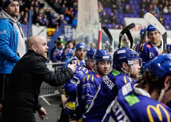 An animated Danny Stewart on the Coventry Blaze bench as his side clinches a huge win over Dundee Stars (Pic: Scott Wiggins)