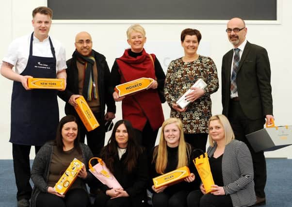 Champagne & Jazz event launch  - (sitting) HNC  students Nicole Mackay, Gayle Wilson , Rebecca Butcher , Kelsey Atkinson with  Zahid Mukhtar representing The Rotary Club,   chef Fiona Mcleod , Bryan McCabe - Bell, Sharon Munro & chef Eadie Manson. Pic  credit:  Fife Photo Agency