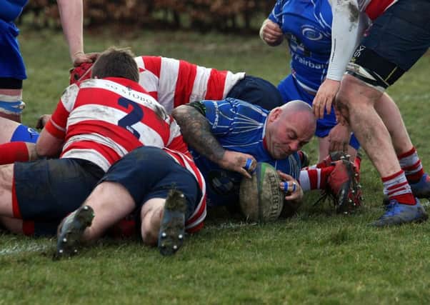 Greg Wallace try. Kirkcaldy RFC v Peebles RFC - Match 16, BT National League Division 2, 17th March 2018. Photo by Michael Booth