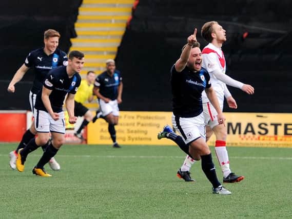 Lewis Vaughan celebrates after shooting Raith into an early lead. Pic: Fife Photo Agency