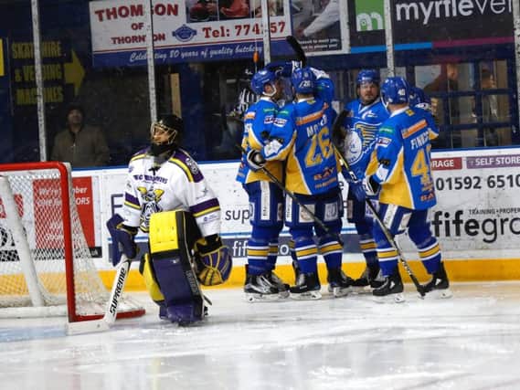 Fife Flyers celebrate a goal in the 6-2 win over Manchester Storm in January. Pic: Steve Gunn