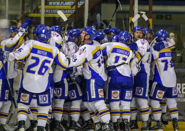Fife Flyers celebrate their stunning overtime win against Manchester Storm that took them into the British championship play-off finals weeend for the third time (Pic: Mark Ferriss)