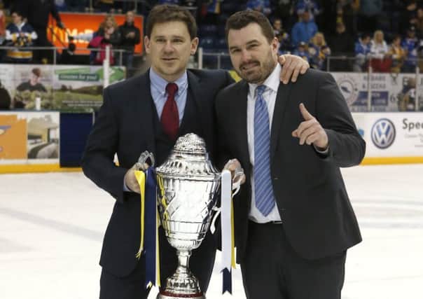 Todd Dutiaume (left) and Jeff Hutchins with the Gardiner Conference trophy. Pic: Steve Gunn