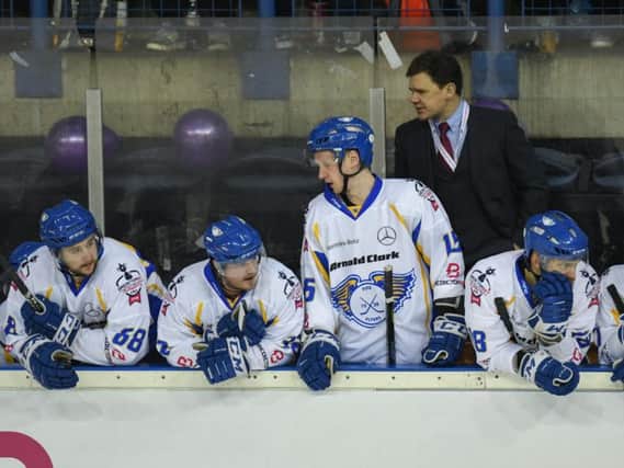 Todd Dutiaume behind the Fife Flyers bench during today's semi-final against Cardiff Devils. Pic: Richard Davies