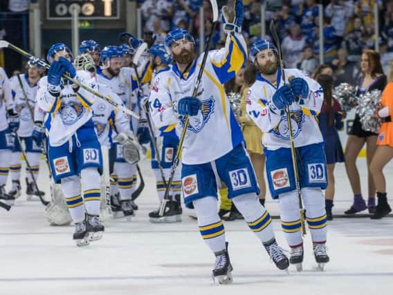 Fife Flyers players say their final farewells to the fans after the defeat to Nottingham Panthers in the third/fourth place play-off match. Pic: Richard Davies