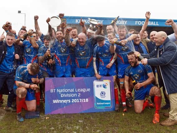 Kirkcaldy Rugby Club celebrate clinching the BT National League Division 2 title at Beveridge Park on Saturday. Pic: Michael Booth