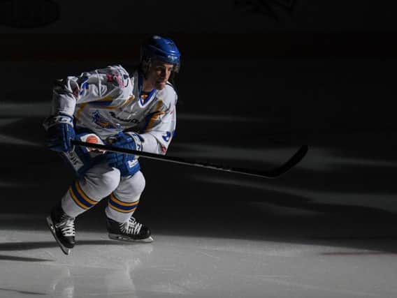 Russ Moyer skates onto the ice for Fife Flyers' play-off semi-final against Cardiff Devils at the Motorpoint Arena in Nottingham. Pic: Richard Davies