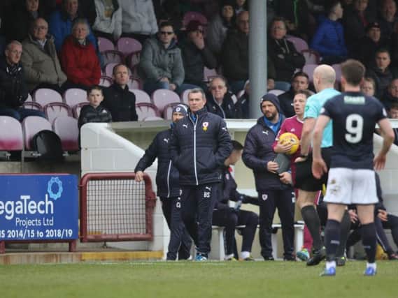 Barry Smith on the touchline in the 1-1 draw at Arbroath on Saturday. Pic: Graham Black