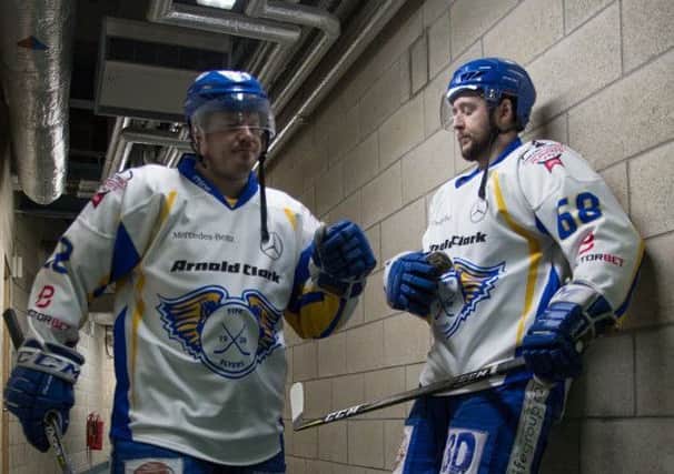 Peter LeBlanc (left) with Shayne Stockton in the corridor ahead of the play-off semi-final with Cardiff. Pic: Richard Davies