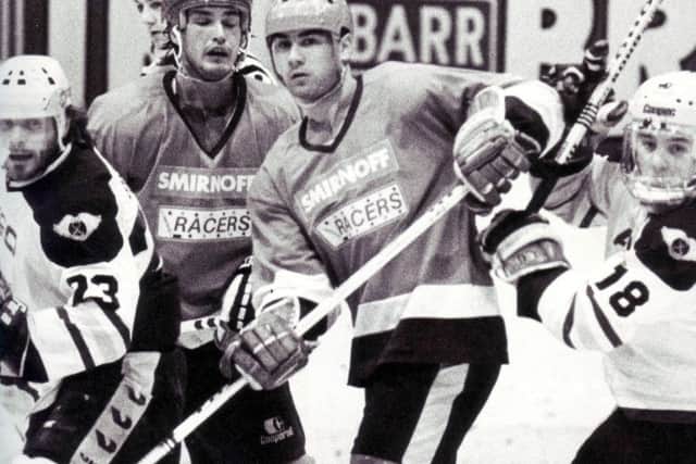 Fife Flyers v Murrayfield Racers circa 1989 - pictured are Rick Fera, Tony Hand and Scott Neil (Racers) and David smith (Pic: Bill Dickman)