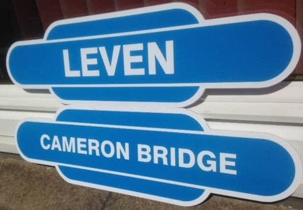 Mock signs for Leven and Cameron Bridge made up by Levenmouth Rail Campaign.