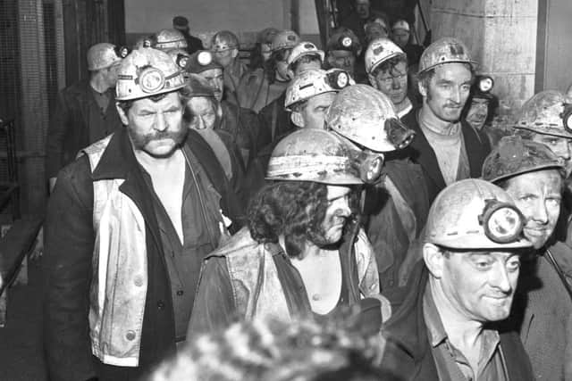 Miners from the day shift coming up from Seafield colliery at the time of the disaster in May 1973.