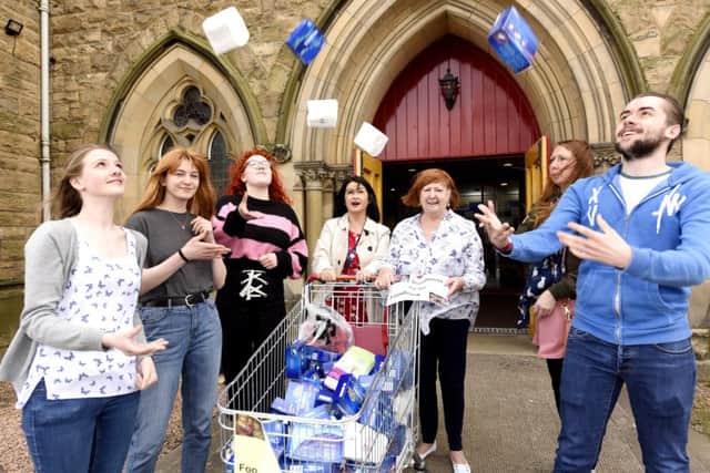Launching the campaign against period poverty, students from Fife College with Marie Penman and Maureen Closs from Kirkcaldy Foodbank. Pics by Fife Photo Agency