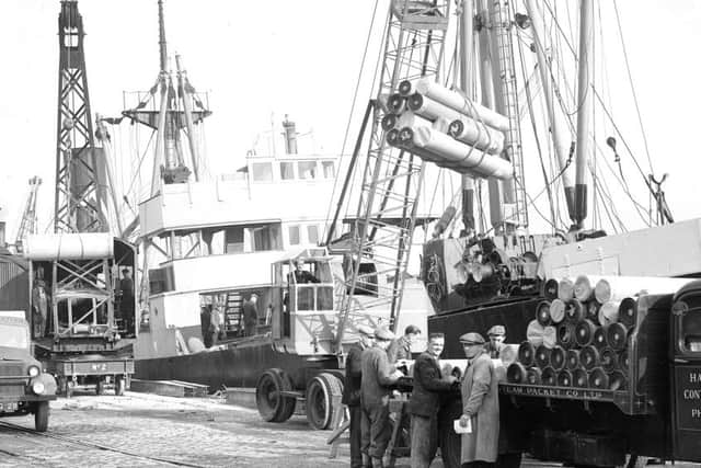 Items being lifted on board the ship at Kirkcaldy harbour. Pic: TSPL.
