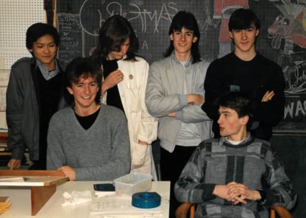 In the science class at Balwearie in 1987: Alan, standing left; Alasdair, sitting left and Stephen, standing right.