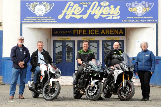 Jake Drummond (left) and wife Christine  with bikers Graeme Mitchell of Cool Bikes,  Brian Neilson of Kirkcaldy Kawasaki and Barrie Kent  Fife Photo Agency