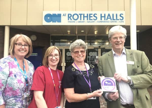Dementia Disco, Rothes Halls. From left Pictured Susan Turnbull (Rothes Halls venue manager), Samantha MacDougall, Ruth McCabe and Dr David Caldwell (Fife Cultural Trust chairman).