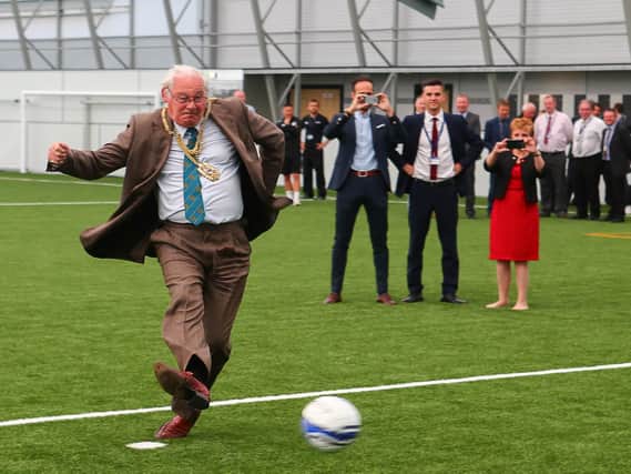 Provost Jim Leishman takes a penalty at new indoor facility at Michael Woods sports centre in Glenrothes