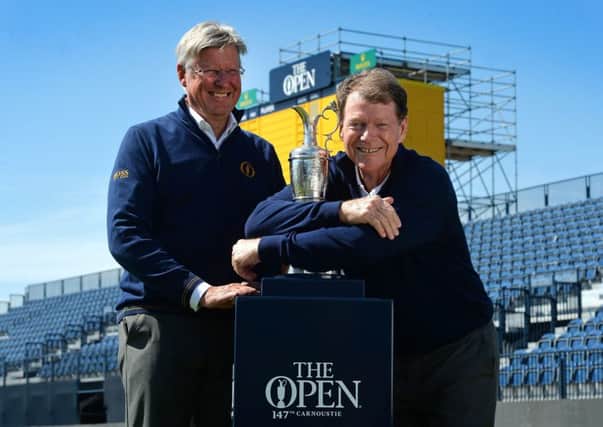 Tom Watson is welcomed as Global Ambassador for The Open by Martin Slumbers, Chief Executive of The R&A, at Carnoustie, the venue for this years Championship.