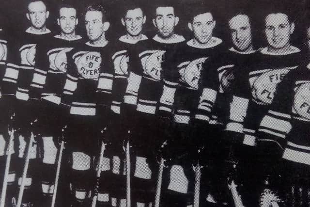 Fife Flyers 1938/39 - the first ever team to play out of the newly opened Kirkcaldy ice Rink.. From left: Stover, J. Fullerton, Les Lovell, Norman McQuade, Bill Fullerton, McCartney, Tommy Durling, McInroy, Chappell and Kerr