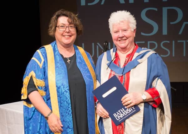 Val McDermid (right) awarded Honorary Doctorate from Bath Spa University - pictured with Bath Spa's Vice-Chancellor, Professor Susan Rigby