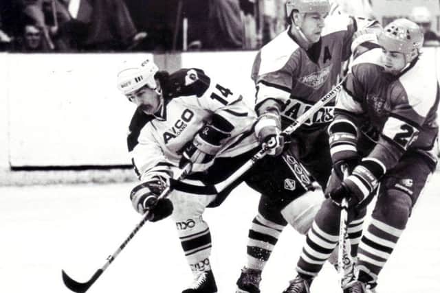 Steve Gatzos, Fife Flyers, playing against Murrayfield Racers, late 1980s  (Pic:Bill Dickman)