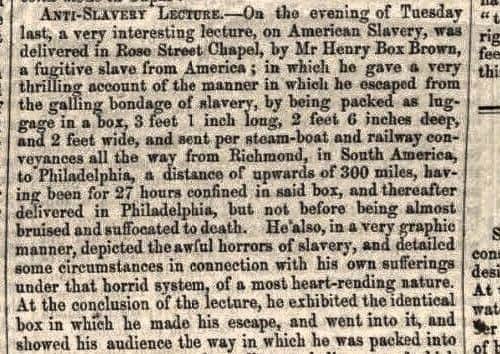 Fife Herald cutting on a visit from anti-slavery campaigner Henry Box Brown to Kirkcaldy in 1852.