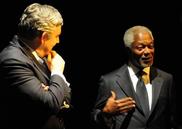 Kofi Annan and Gordon Brown on stage during the Adam Smith Lecture (Pic: George McLuskie)