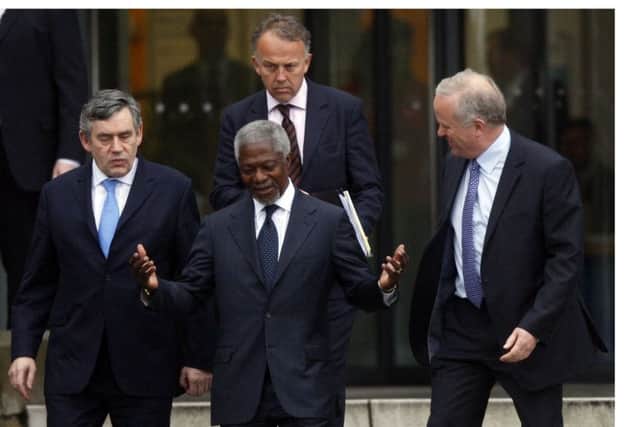 Gordon Brown, Kofi Annan and Craig Thomson, principal Adam Smith College, on the steps of the Adam Smith College as they make their way to St Bryce Kirk for the 21009 Adam Smith Lecture  (Pic: George McLuskie)