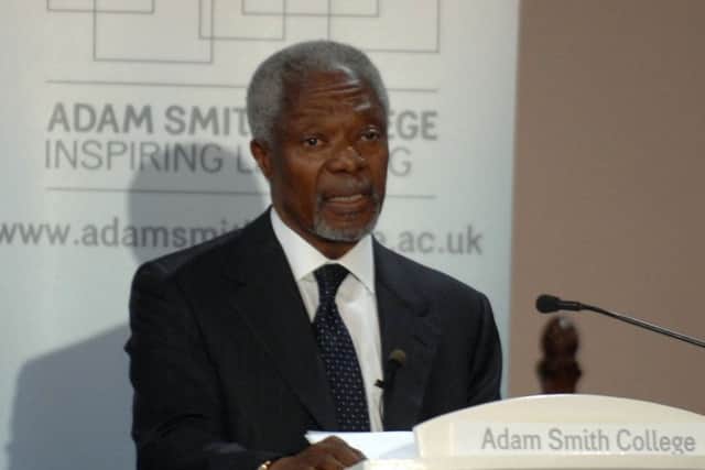 Kofi Annan delivering the 2009 Adam Smith Lecture in Kirkcaldy  Pic: George McLuskie