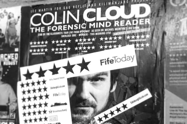 Colin Cloud billboard showing Fife Today's five-star rating for his 2017 Fringe show
