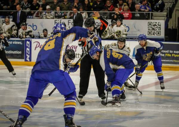Fife Flyers 2018-19:The first face off of the 80th anniversary season as the game against  University of Manitoba Bisons gets underway (Pic: Jillian McFarlane)
