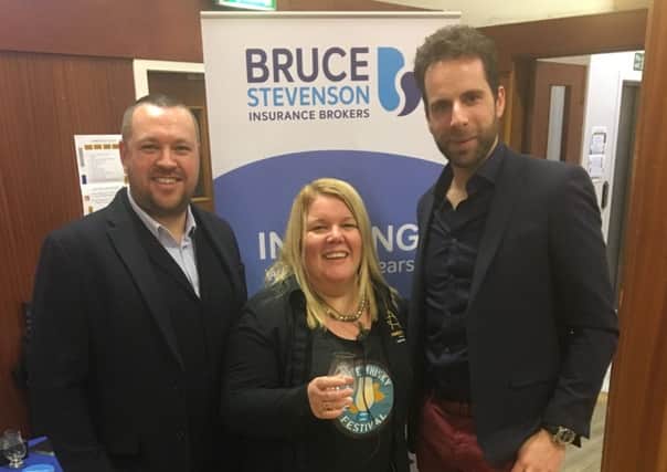 Cycling Legend Mark Beaumont (far right) with Graeme Dempster, from sponsors Bruce Stevenson Insurance Brokers, and co-founder of the festival Karen Somerville. 
Photo Credit: Dan Mosley Photography.