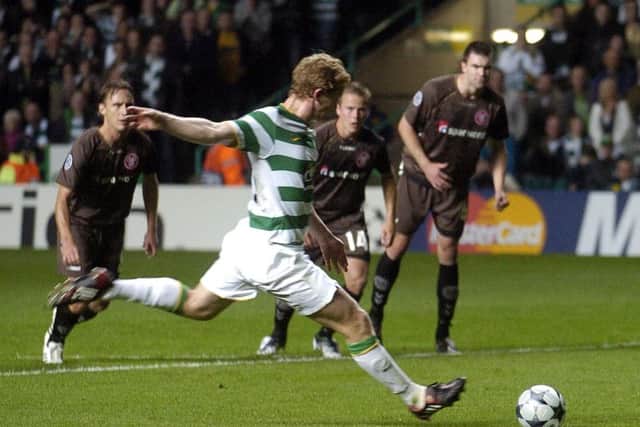 Celtic's Barry Robson taking a penalty against Aalborg in the Champions League. Pic: Jane Barlow