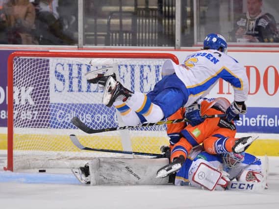A combination of Scott Aarssen and Shane Owen are unable to prevent Sheffield Steelers from converting this chance. Pic: Sheffield Steelers