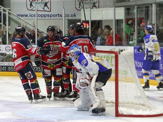 Dundee Stars celebrate a goal in the 3-2 penalty shots win over Fife Flyers on Sunday. Pic: Dundee Stars
