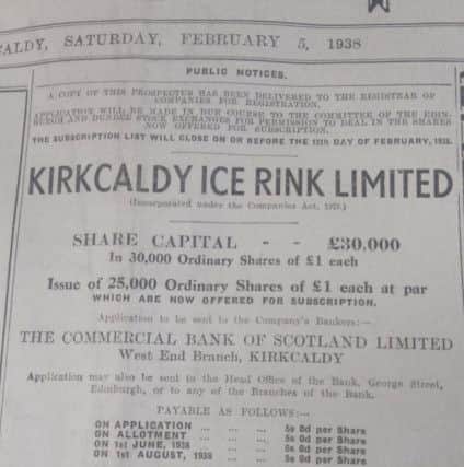 Advert from Fife Free Press launching the share issue and plans to build Fife Ice Arena - advert dates from February 1938
