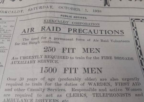 Fife Free Press, 1938 advert for volunteers to become air raid wardens.