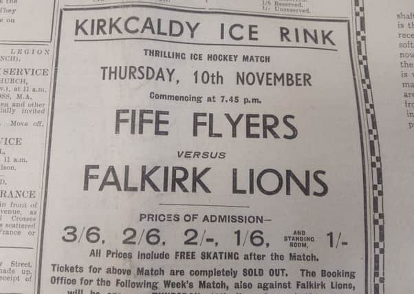 Advert in the Fife Free Press promoting the ice hockey game between Fife Flyers and Falkirk Lions in 1938