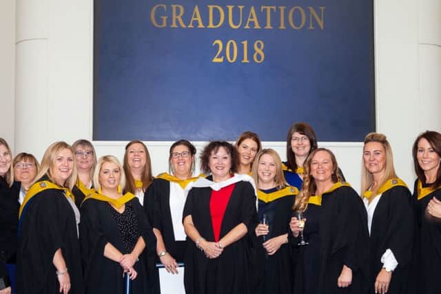 Fife College graduation 2018 -  HNC Childhood Practice students with lecturer Isabel Todd (centre).
