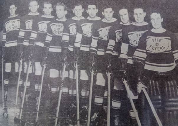 Fife Flyers 1938 team - the first one to skate out of the newly opened Kirkcaldy Ice Rink. From left: Jack Stover, Alex Fullerton, Les Lovell, Norman McQuade, Billy Fullerton, Len McCartney, Tommy Durling, Tommy McInroy, Jimmy Chappell, netminder Chick Kerr.