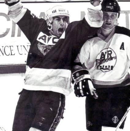 Fife Flyers - Richard Laplante scores against Ayr Raiders in the winner-takes all promotion play-off at the Summit Centre, Glasgow, 1991 (Pic: Bill Dickman/FFP)