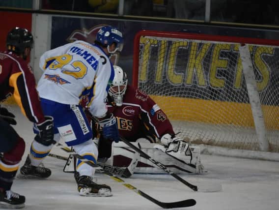 Fife Flyers forward Brett Bulmer goes for goal during the 6-5 win in Guildford last night. Pic: Guildford Flames