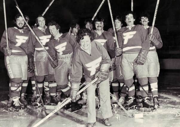 Fife Flyers fan, Margaret Stenhouse on ice with the team, mid 1970s