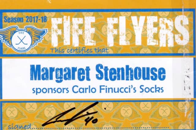 Fife Flyers fan Margaret Stenhouse with her player sponsorship pass